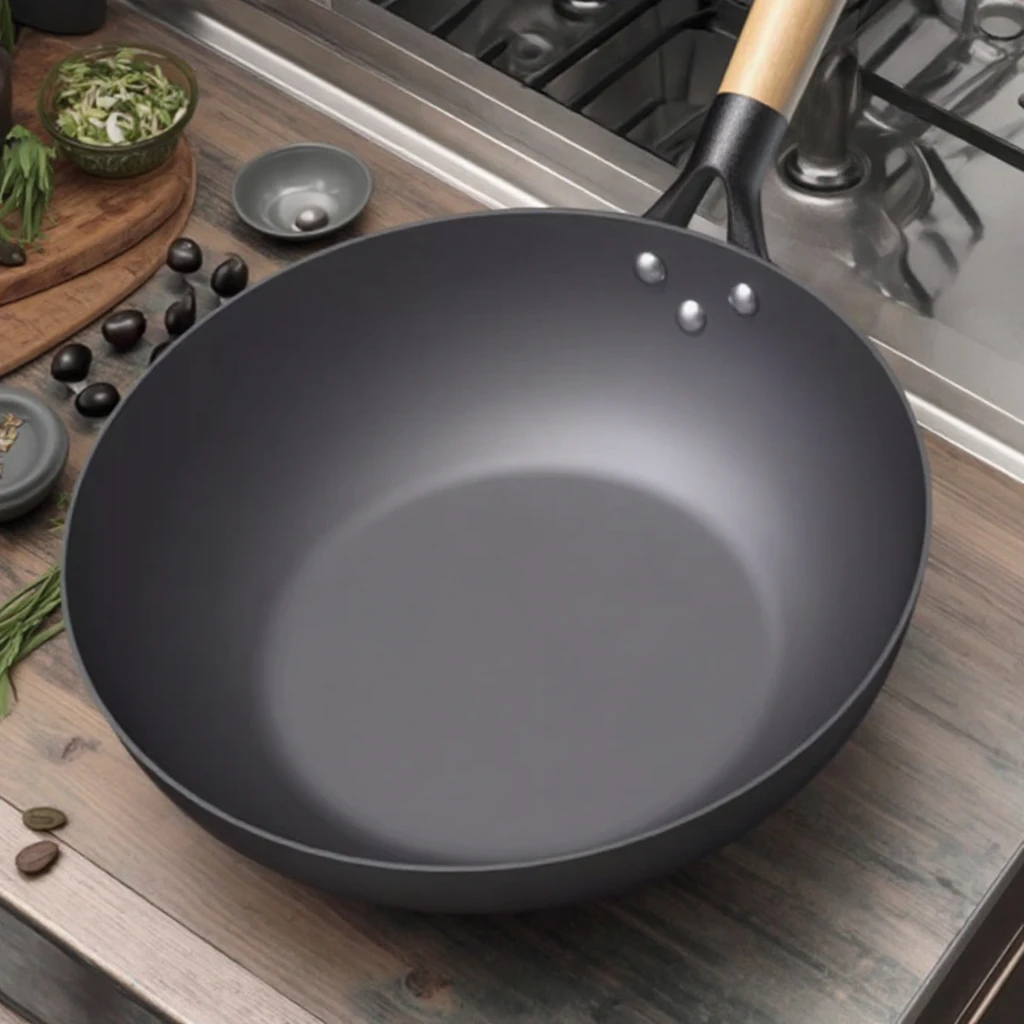 Hand Hammered Carbon Steel Wok with Wood Handle Nonstick Cooking Pan for Gas Induction Stove Cast Iron Pot for Wok Cooking