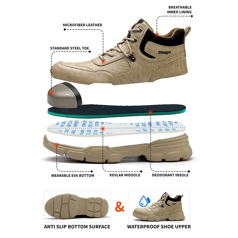 Dinggu Microfiber Leather Waterproof Lightweight Comfortable and Soft Mens Boots Steel Toe Safety shoes