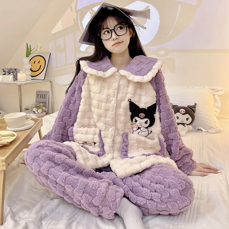 Sanrioed clothing cinnamo roll sanrioed pajamas kuromi sleepwear melody thick long sleeve fleece pajama hello kt cartoon dresses
