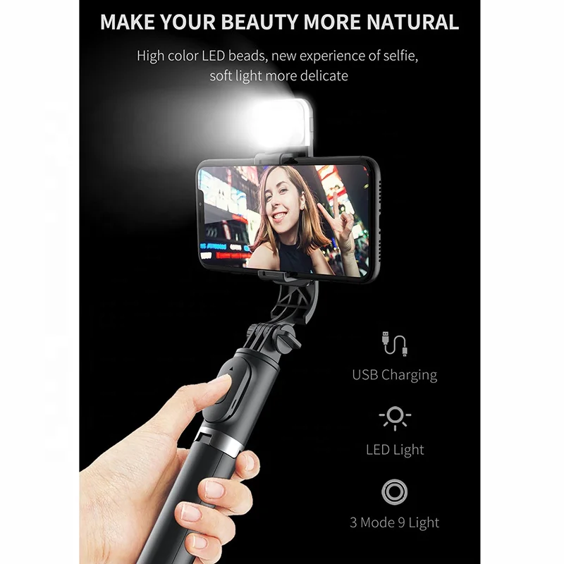 YTGEE 360 Rotation Portable Selfie Stick Monopod Wireless  Remote Control Stand Selfie Stick Tripod with Fill Light for Iphone