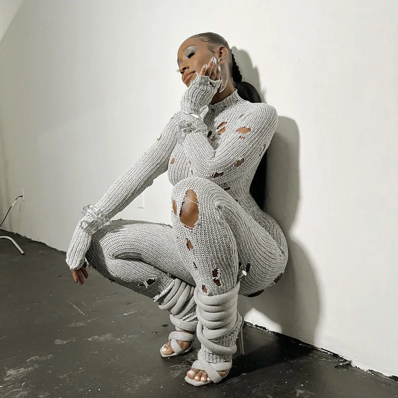 2024  Winter Fall Women Jumpsuits Cotton Knitted Hollow Bodysuits Sexy Bandage One Piece Rompers Knit Jumpsuits For Women