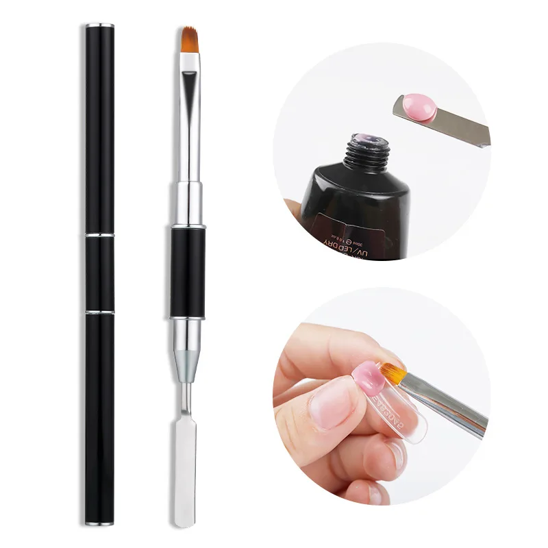 Black Metal Handle Dual Head Nail Art  tools Nail Acrylic Brushes Hair Gel Painting Nail Art Brush with Spatula Pusher