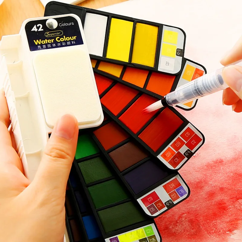 Superior Portable 18/25/33/42 Watercolor Paint With Water Brush, Fan Shaped Thin Solid Watercolor Painting Set