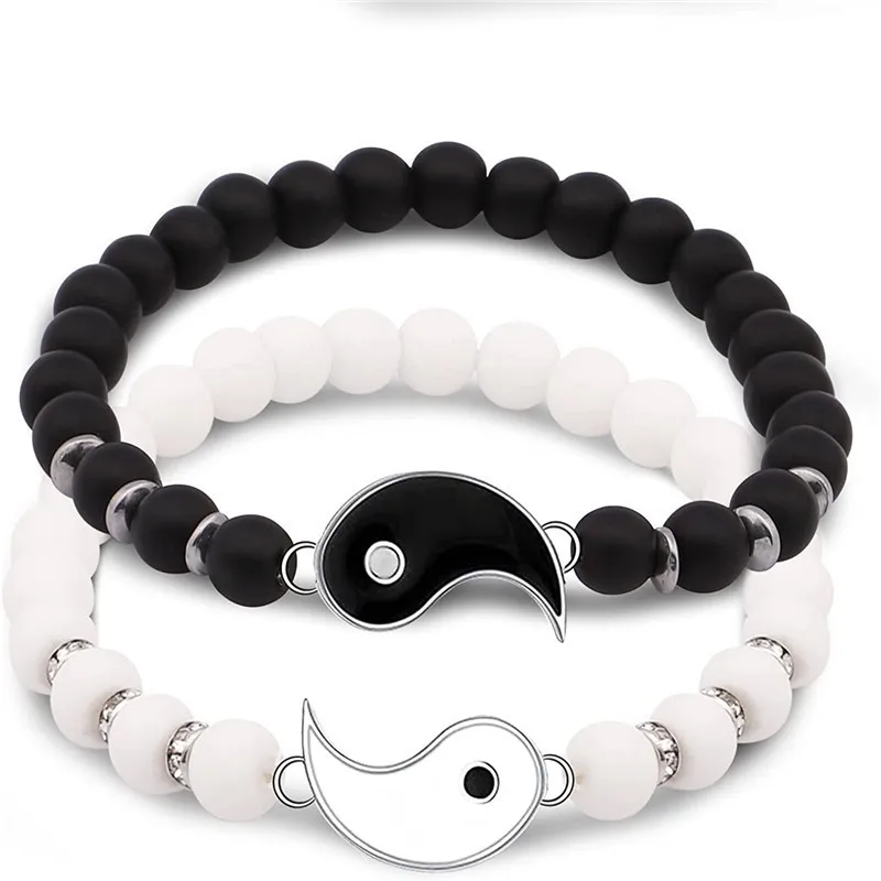 Tai Chi Bagu Couples Distance Bracelet Natural Stone White and Black Yin Yang Beaded Bracelets for Men Women Best Friend
