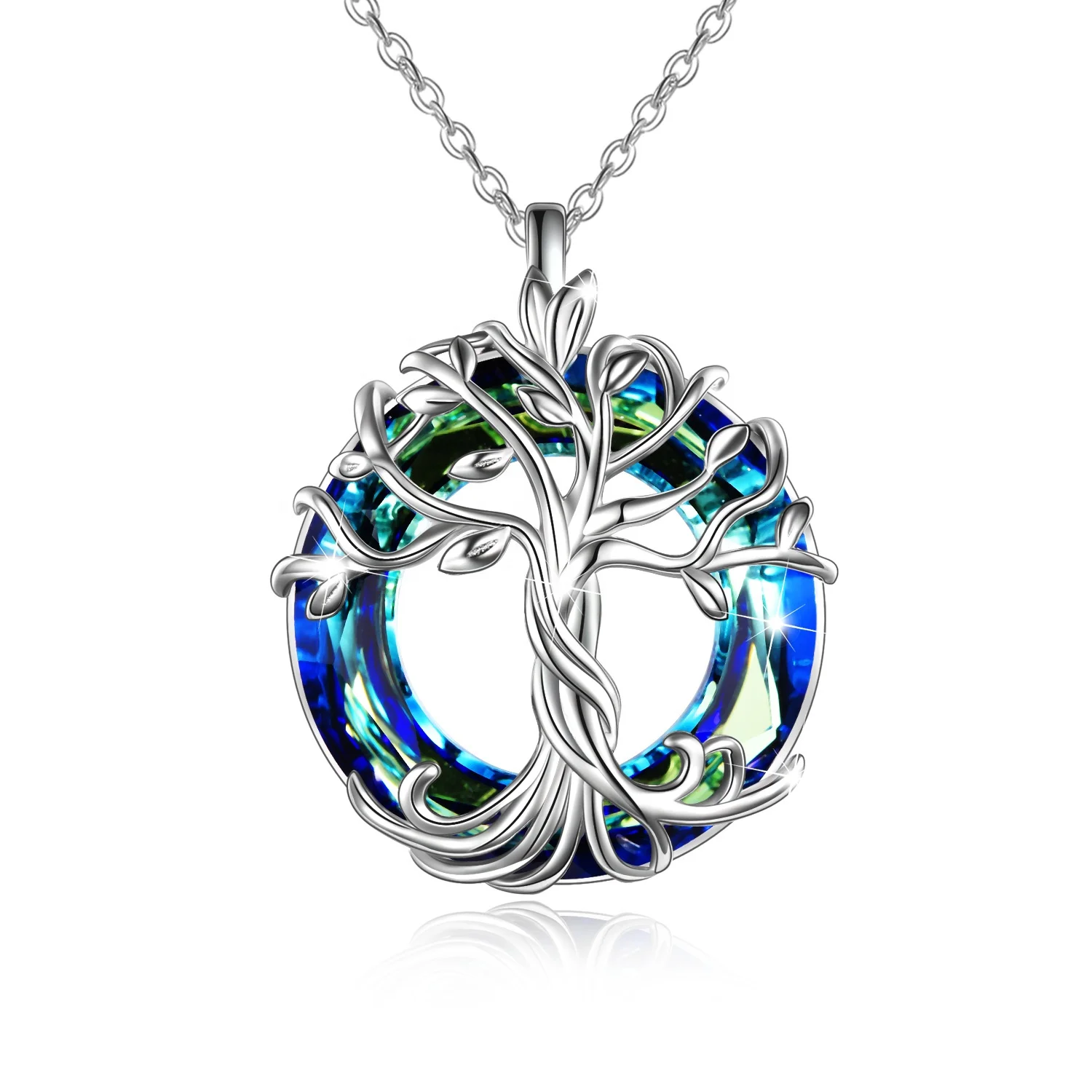 Real 925 Silver Blue Circle Crystal Family Tree of Life Collier Femme Rose Gold Plated Necklaces Jewelry Women Gifts