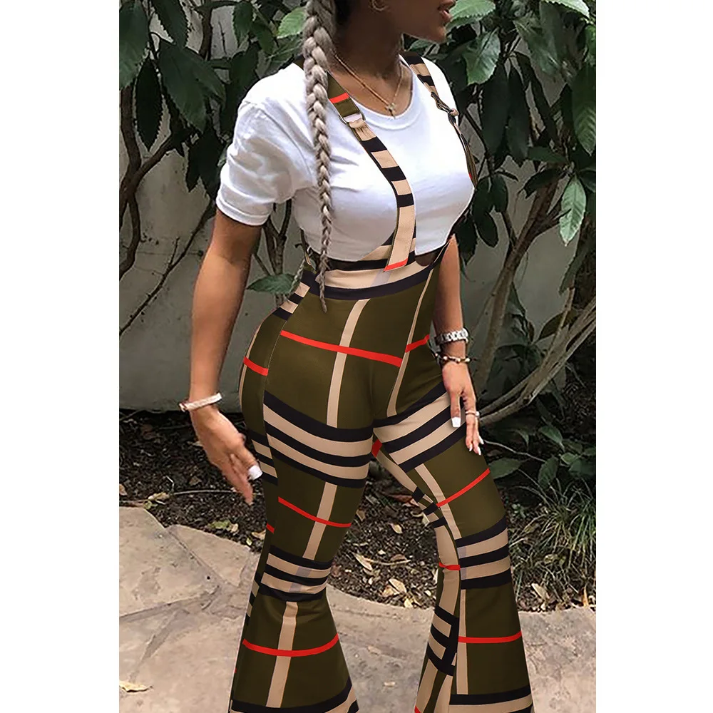 Plaid print suspenders jumpsuit Stylish slim pants zipper casual bell bottoms women grid pants
