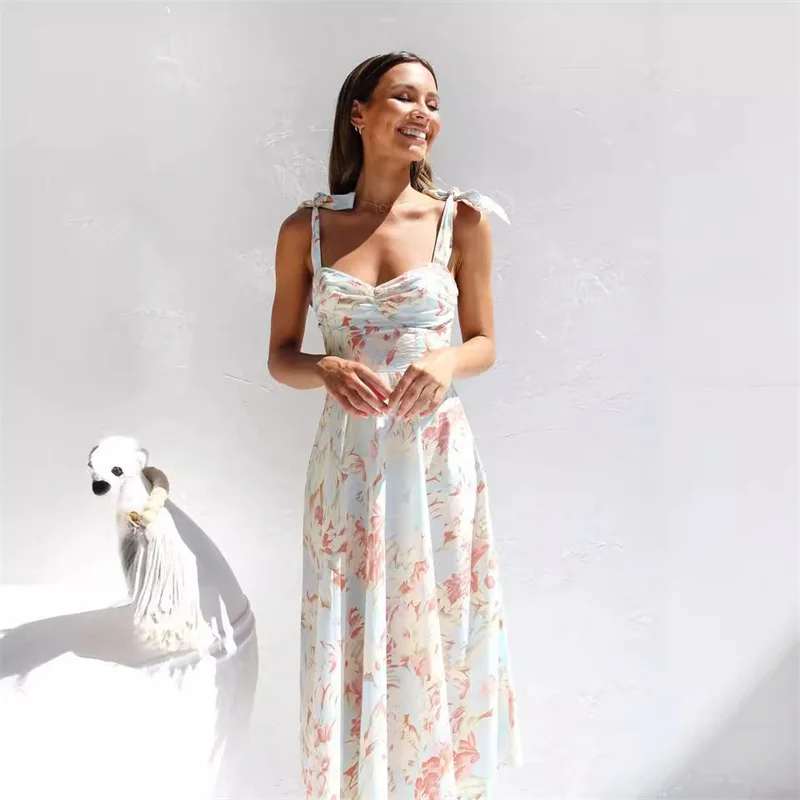 New arrival elegant casual slip dress back out maxi pretty floral dresses women flower clothing