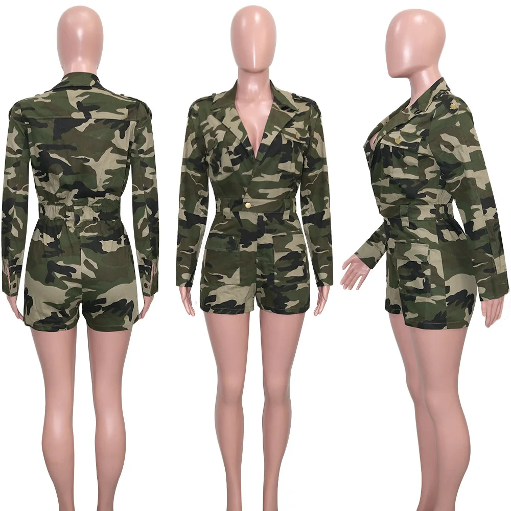 Wholesale Long Sleeve Short Pants Casual Camouflage Cargo Jumpsuit Women Bodysuit 2024 Trending Clothing Tracksuit