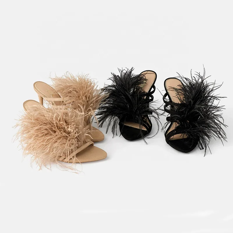 factory AliExpress best sale  high-heeled sandals feather  stiletto sandals ladies