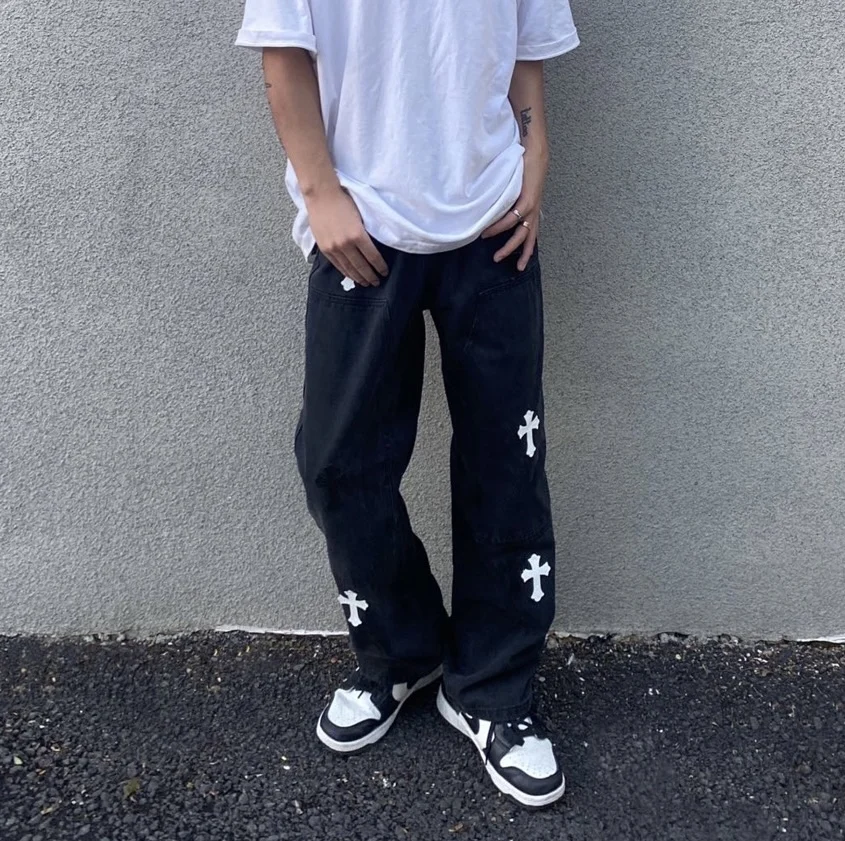 Carpentry Chrome Stylish Wash Cross Jeans Homme Loose Straight Hearts PantS baggy jeans High Street Vintage Denim Jeans For Men