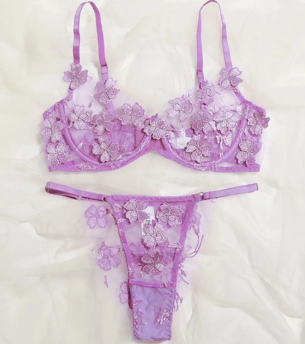 Hot Sale Sexy  Lace Lingerie Set  Floral Transparent Embroidery Underwear+bra set women sleepwear babysuit tights