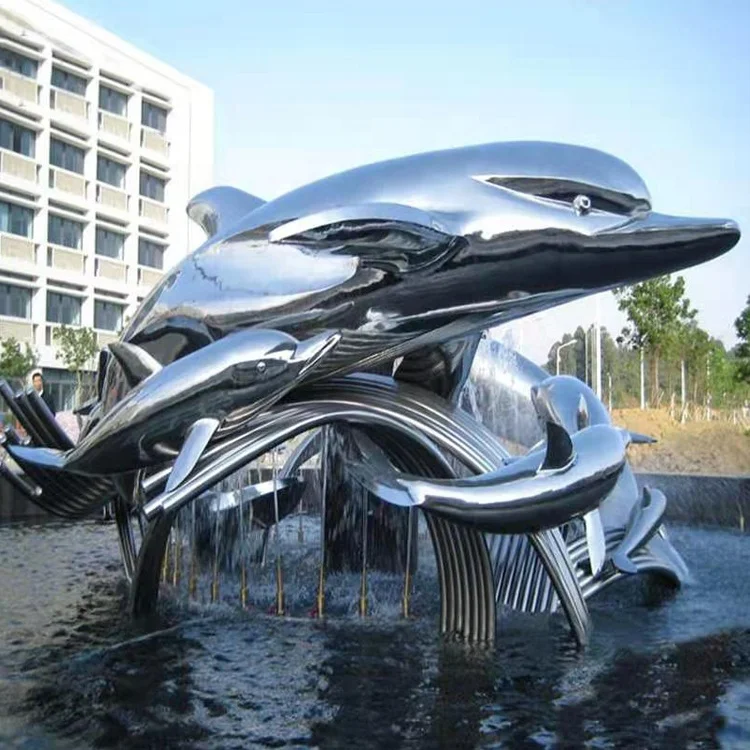 Water Feature Dolphin Metal Sculpture Outdoor Stainless Steel Fish Sculpture