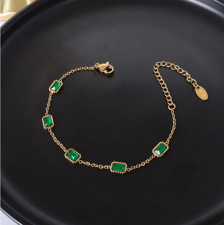 Japan and Korea bracelet square inlaid emerald green zircon stainless steel plated 18K gold bracelet