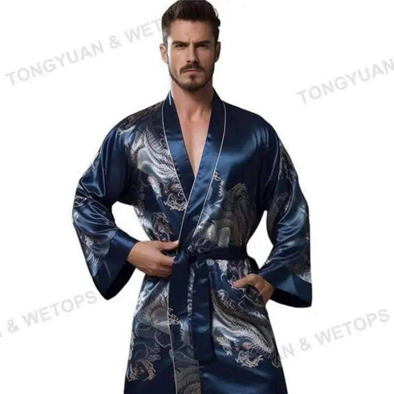 Mens Dragon Print Long Sleeve Satin Kimono Belted Robe Sleepwear With Shorts