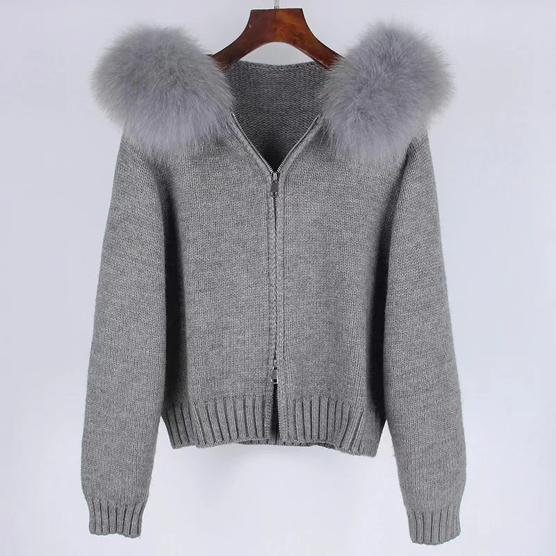 Ladies Slim2022 Fleece Winter Short Fox Fur Coat Warm Wool Puff Sleeve Jacket Knitted Real Fur Sweater Cardigan for Women