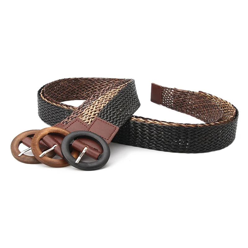  Rings Wooden Buckle Fashion Woven Braided Ladies Belt with Bohemian