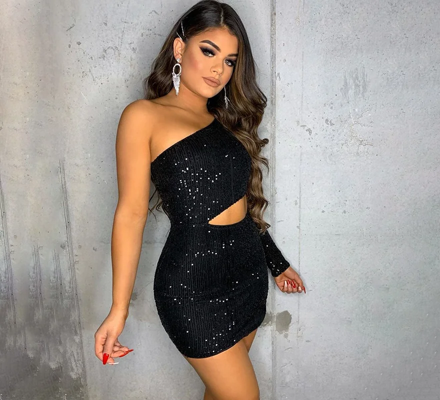 Sexy One Shoulder Elastic Sequin Dresses Female Elegant Mini Party Bodycon irregular mini   Dress