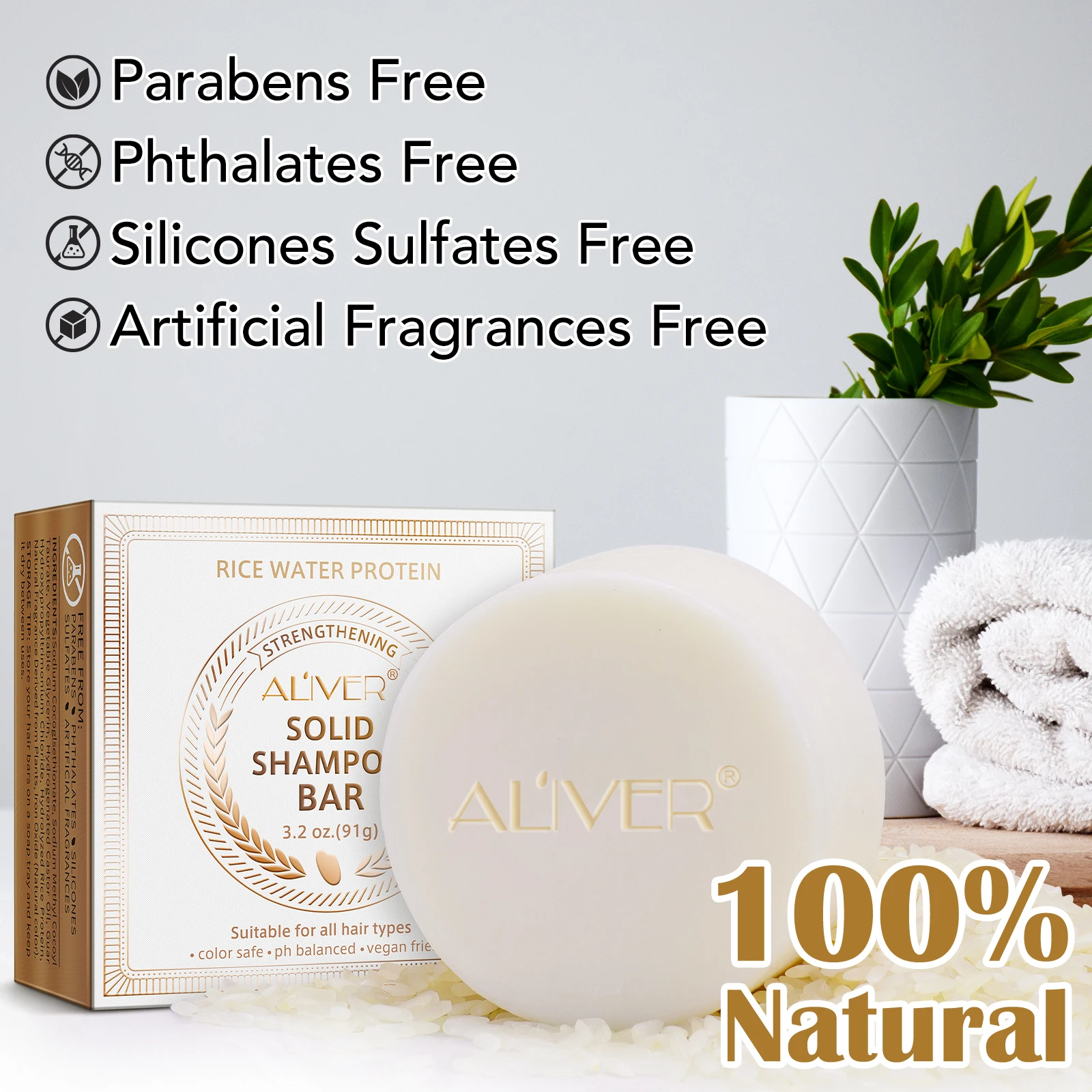 ALIVER Organic Hair Growth Rice Water Solid Shampoo Bar Private Label Hand Soap For Hair Strengthening Cleansing & Moisturizing