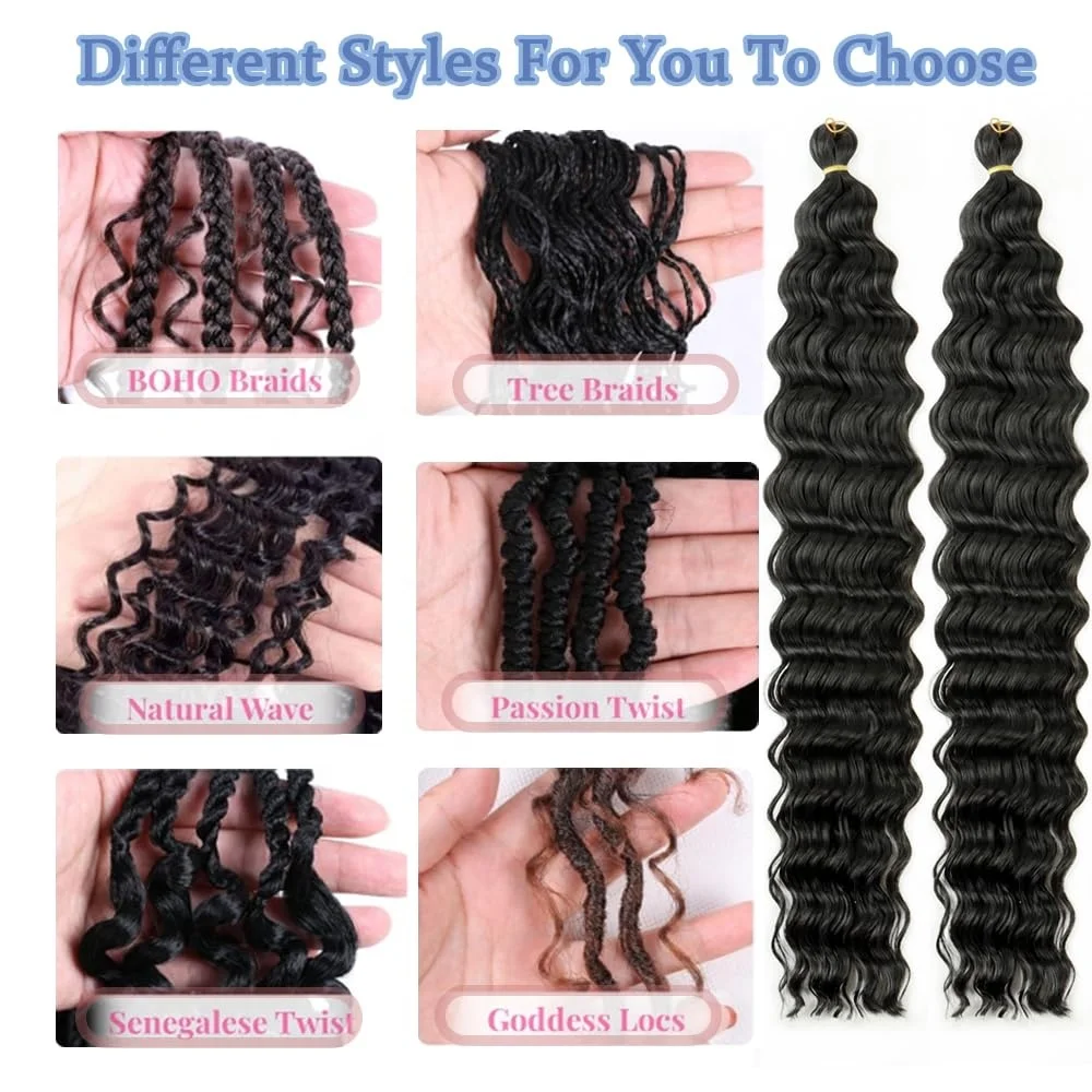 G&T Deep Wave Crochet Hair Extensions for Black Women Synthetic Ocean Wave Curly Braiding Hair Dyed Single Weft Wig