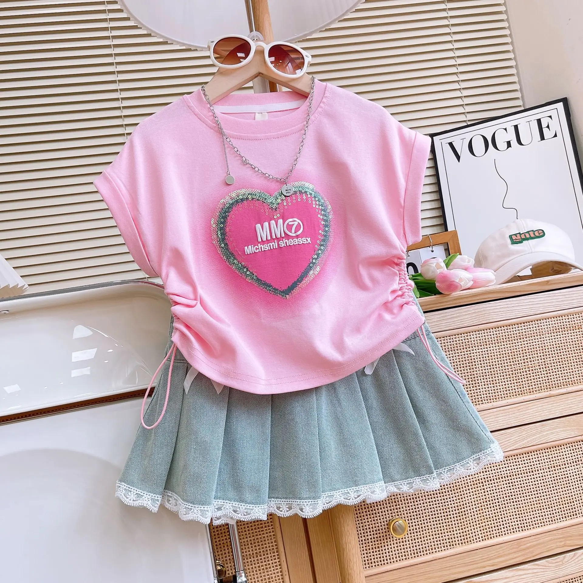 2024 Summer Fashion Kids 2pcs Suits Sleeveless T-shirt+Lace Denim Skirt Sweet Girls Clothes Sets