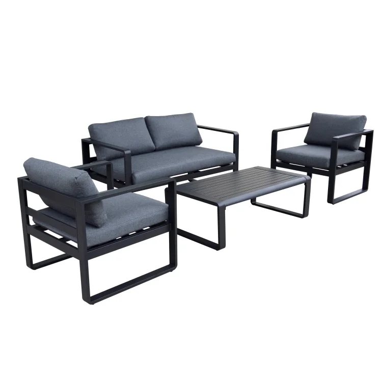 High-end outdoor patio wood grain sofa set 4PCS aluminum conversation sofa with cushion garden metal sofa set with coffee table