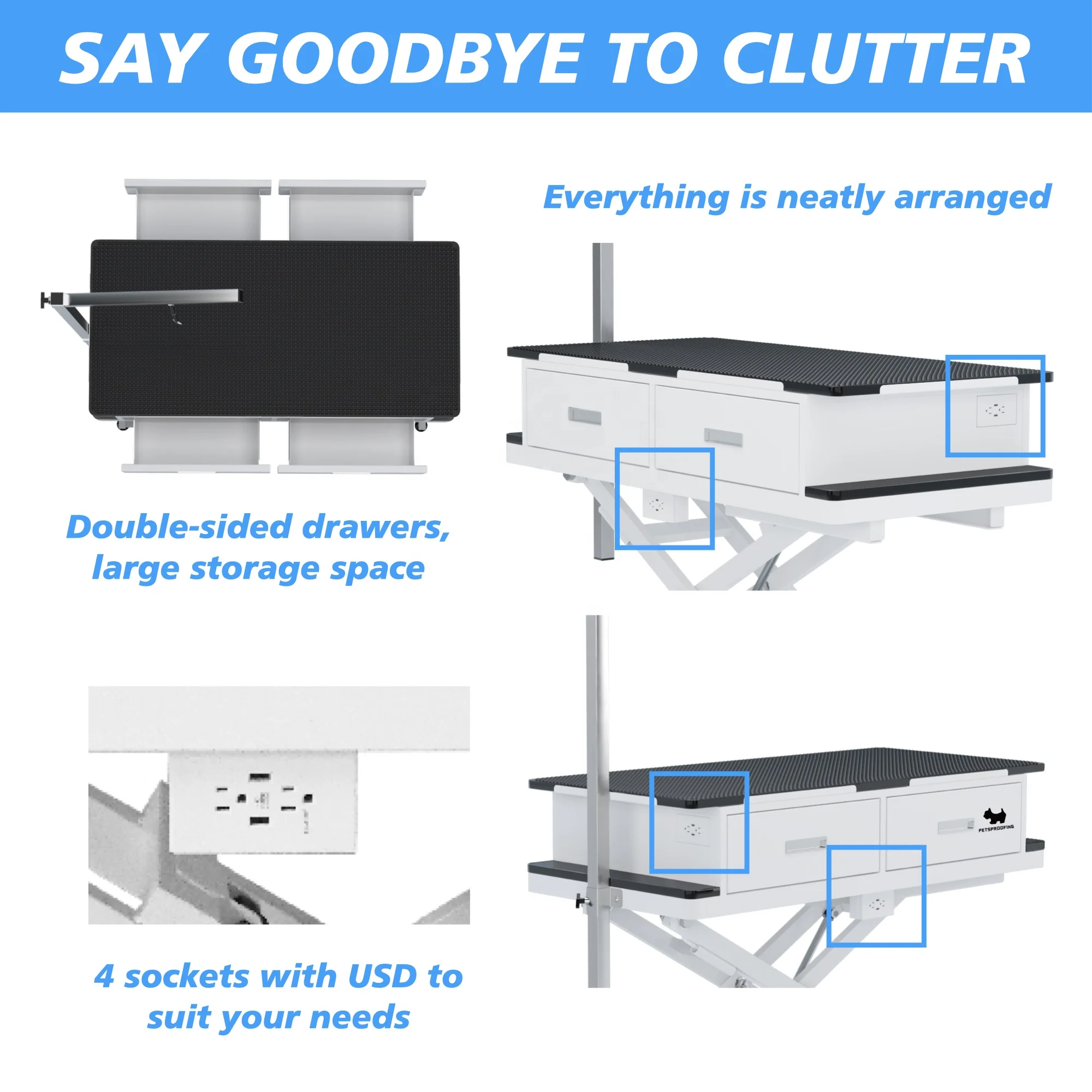 Large Portable USB Socket Electric Lifting Folding Feature Dog Grooming Table with drawers cabinet for pets