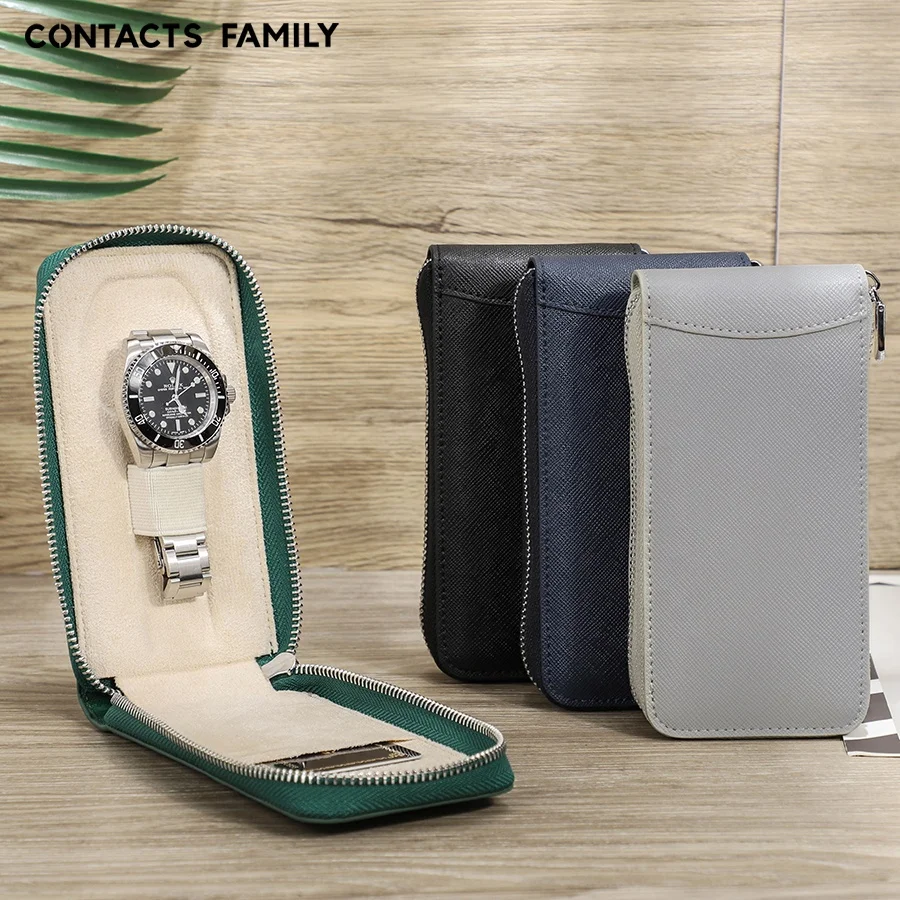 Anti Scratch Saffiano Leather Watch Case Single Zip Travel Watch Storage Bag