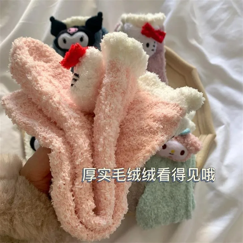Wholesale  Kawaii Cartoon Coral Velvet Socks  Anime Kulomi KT Cat Melodi Lolita Cute Sleep Home Warm Socks