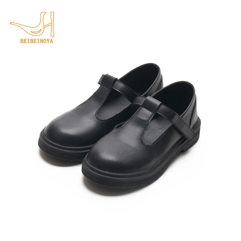 Babyhappy New Design School Shoes  Children Uniform Performance Full Black Leather T-bar School Student Shoes