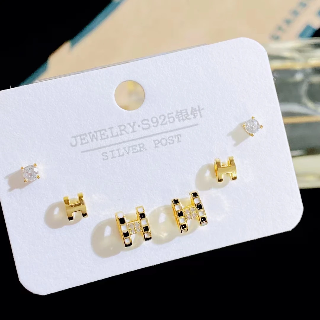 HC High Quality Luxury 925 Silver Needle Simple love Letter H Earring Set Small Fresh All-match Fashion Earring Jewelry for Girl