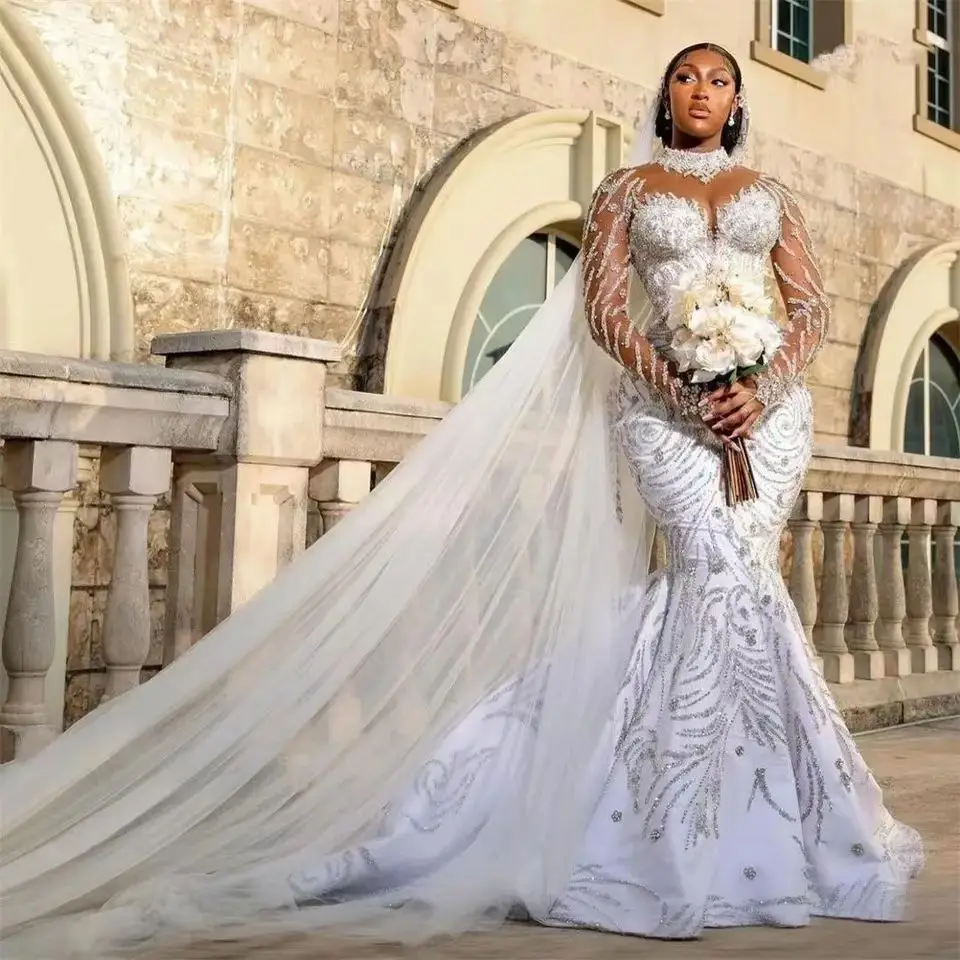 Long Tail Best Selling New Design Simple New Extra Long Slim Beaded Lace Bridal African Long Trailing Wedding Dress Simple New