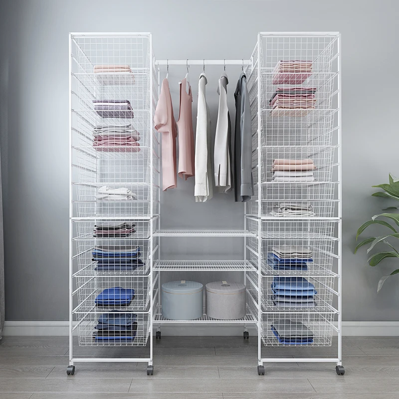 Contemporary Modern Simple Closet wire basket kits organizer White powder coating closet kits with 8 rotating wheels