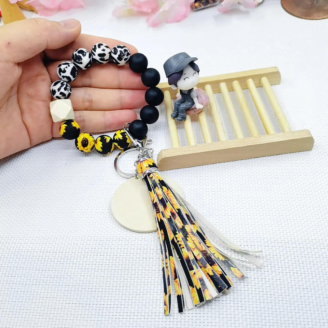 Custom Detachable Fringe Keychain Bracelet Wholesale Gold Sunflower Leopard Print Silicone Beads Keychain