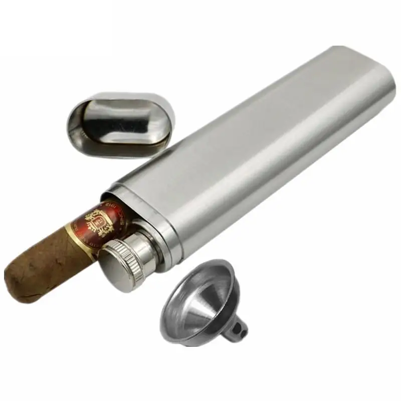 Two-in-one Brushed Cigar Flask 1 Cigar Holder and 2 Oz 304 Stainless Steel Tube Flask Combo Pocket Container
