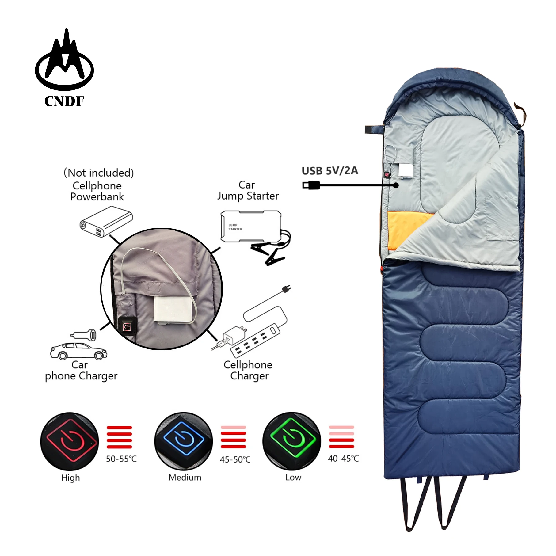 customize USB Heated Sleeping Bag, Washable, Waterproof, Envelop with Hood, Warm for Winter Outdoor Camping
