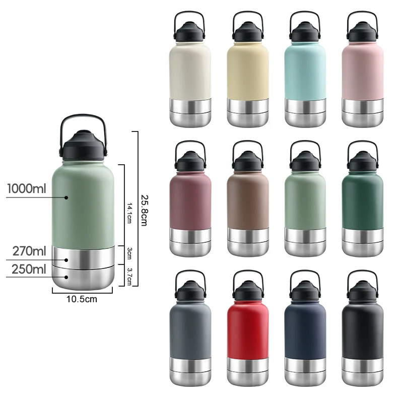 Custom logo 32 oz double wall stainless steel insulated 3 in 1 dog pet travel water bottle with bowl