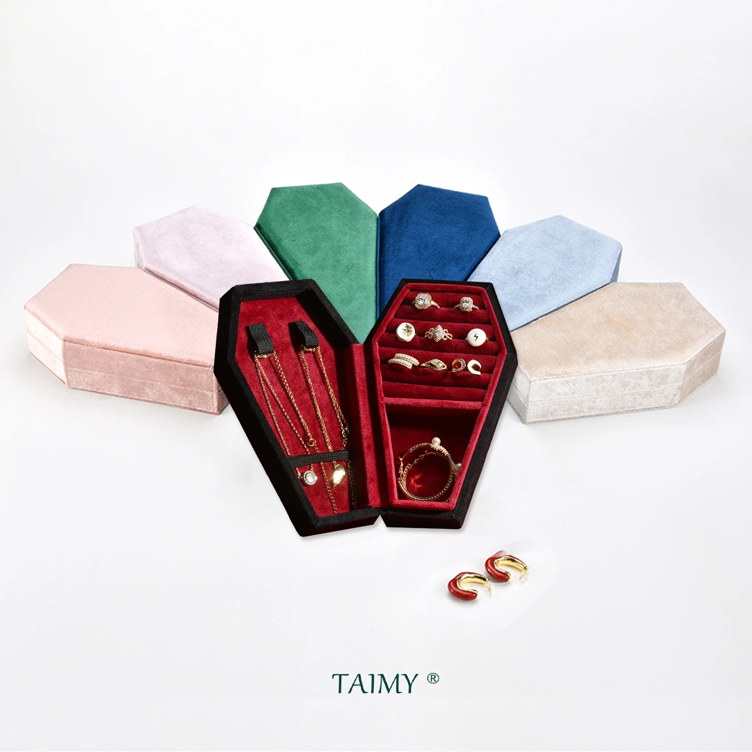 Manufacturer low MOQ custom logo wholesale price long plush suede ring storage case organizer velvet coffin jewelry box