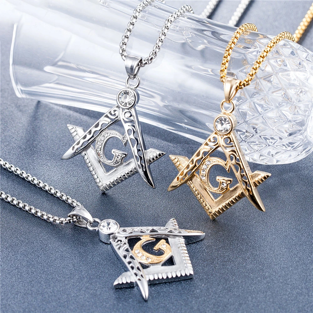 Hip Hop Cubic Zirconia Freemason Symbol Gold Plated Stainless Steel Masonic Pendant for Men