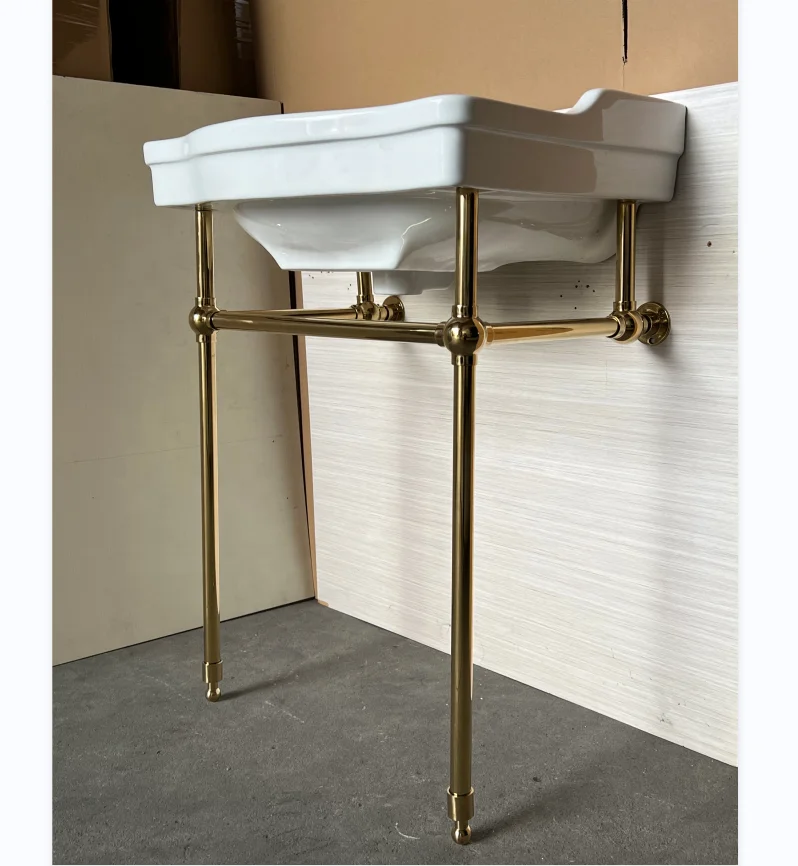Single Vanity With Brushed Brass Polished Gold Stainless Steel Bracket Match With Snow Mountain White Stone Countertop