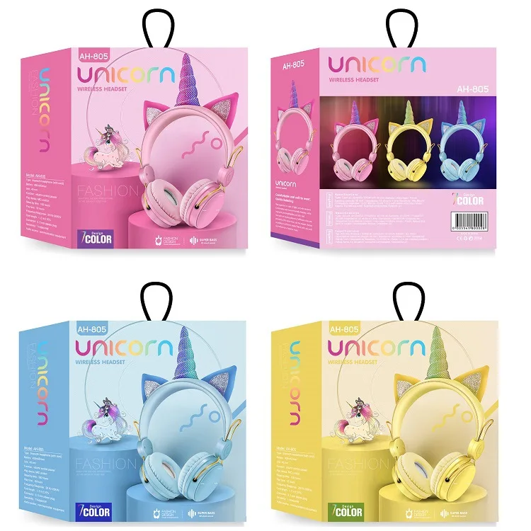 Bluetooth HiFi Girls Wireless Unicorn headphones with Mic phone Stereo Bass Cute Children Music Kid Cat Bt Headsets