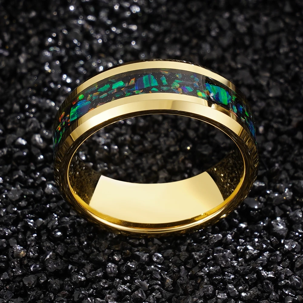 Poya Jewelry Low Price Blue Green Opal Inlay Ring Wedding Ring Gold Tungsten Ring