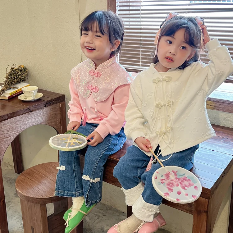 Chinese Style Girls Clothing Sets Excellent Embroidery Kids T Shirts Clothes for Children Jeans for Girl