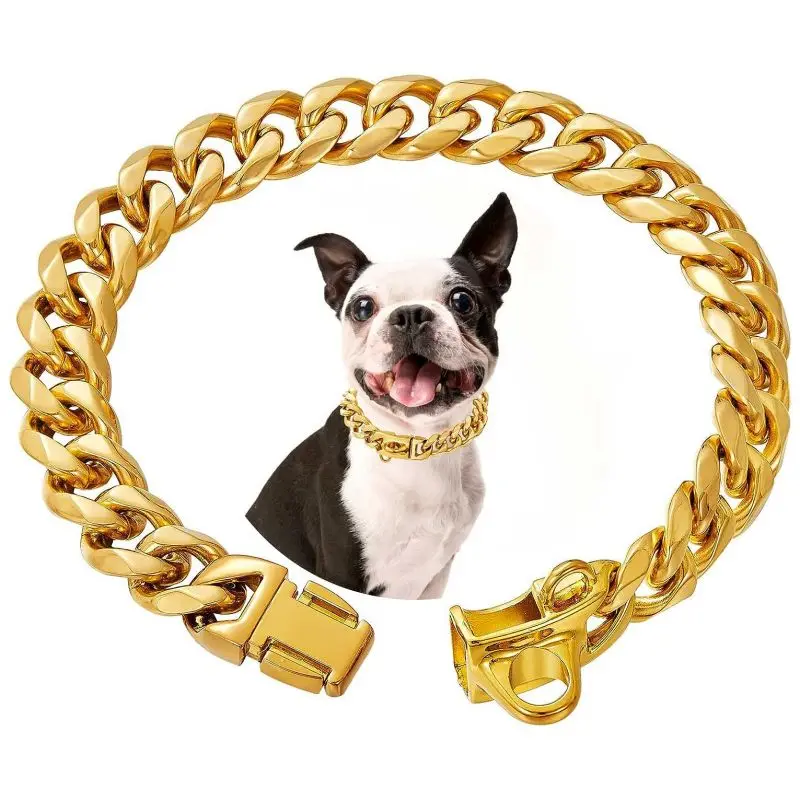 Wholesale Strong Heavy Duty Chew Proof Stainless Steel Dog Necklace Cuban Link Chain Dog Collar with Safety Buckle Lock