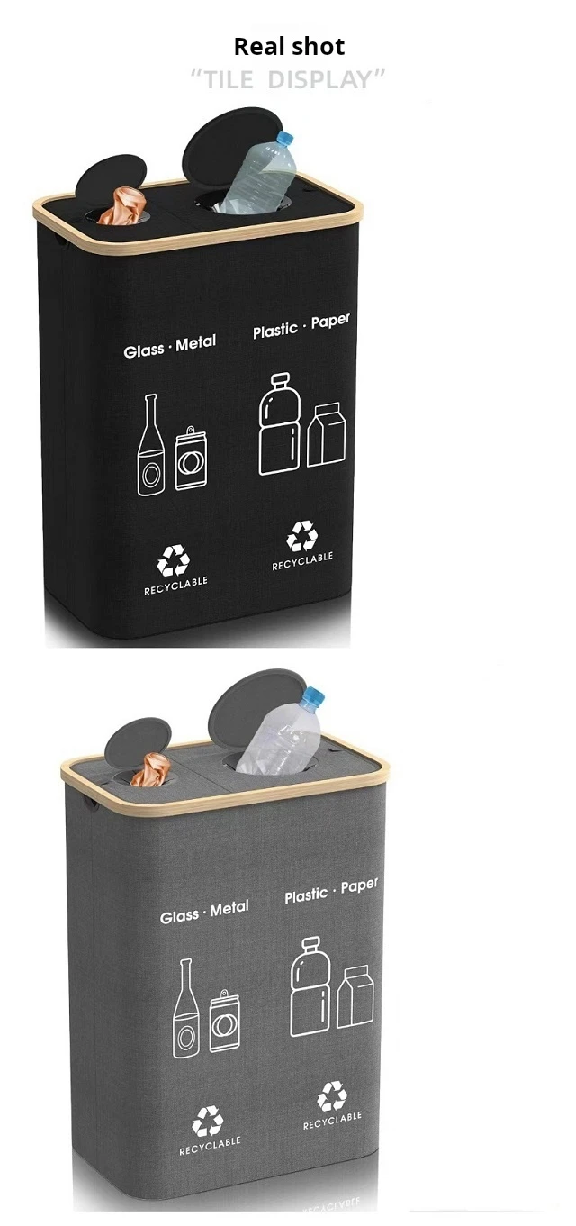 Custom Design Foldable Double-layer Rectangular Storage Recyclable Bamboo Oxford Cloth Bottle Recycling Storage Basket