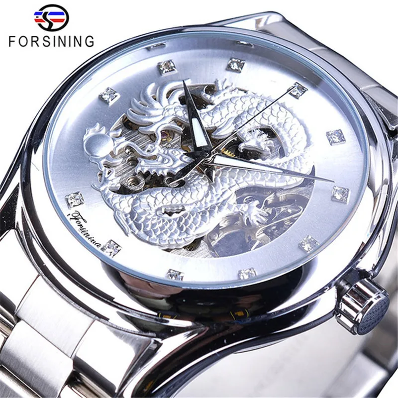 Man Watch Top Brand Luxury Classic Dragon Design Silver Stainless Steel Diamond Display Men Automatic Wrist Watches Clock