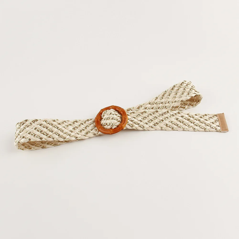 REWIN 2022 New Trend Wide Apricot Shinny Metallic Straw Woven Belts With Wood Bamboo Rings Buckle