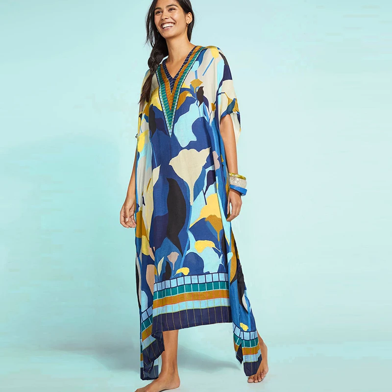 Cozy V Neck Rayon Long Kaftan Sun Protective Beach Cover Up Casual Dress