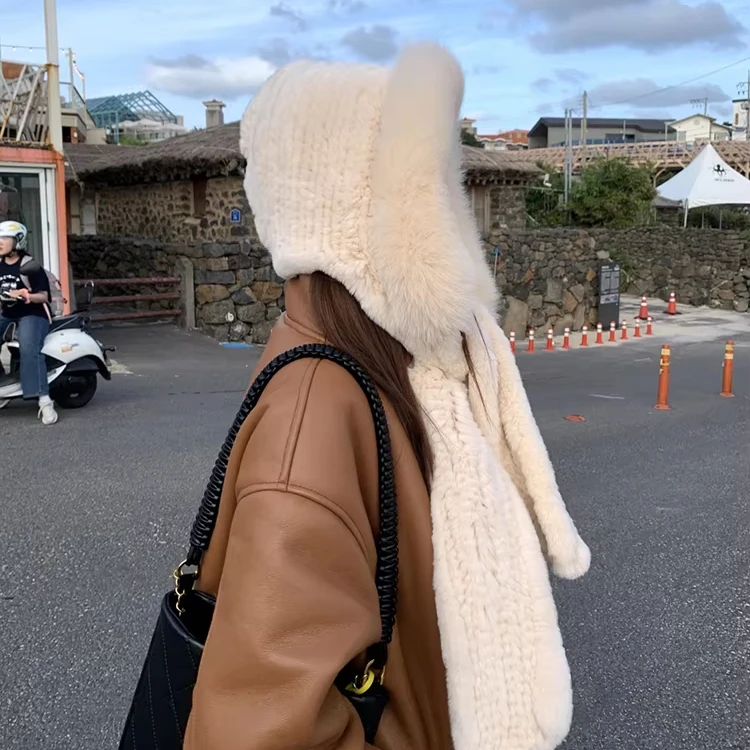 Winter Natural Fox Fur hat and scarf set Lady Warm designer hats Fluffy Lady Luxury Knit Real Rex Rabbit fur hat for women
