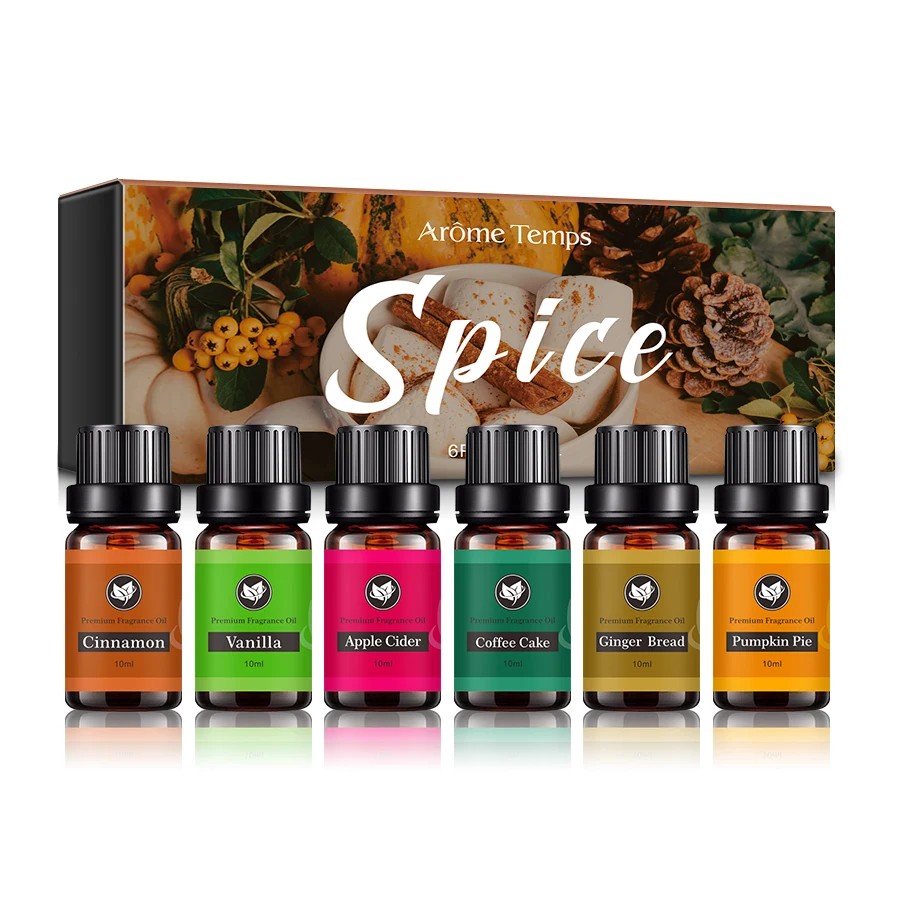 Custom Wholesale Spice Essential Oil Gift Set 6 Blends Cinnamon Vanilla Apple Cider Ginger Bread Aromatherapy Essential Oils