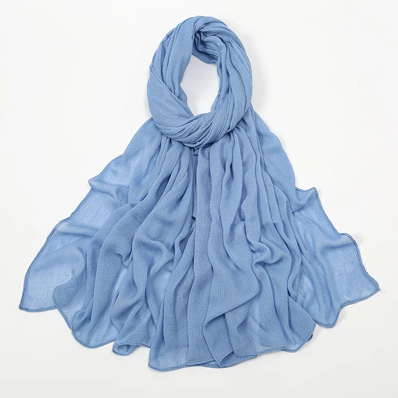 New Style Curled Edge Rayon Wrinkled Long Muslim Lady Wholesale Turkish Hijab Of Solid Color Simple Headscarf Shifon Hijab Scarf